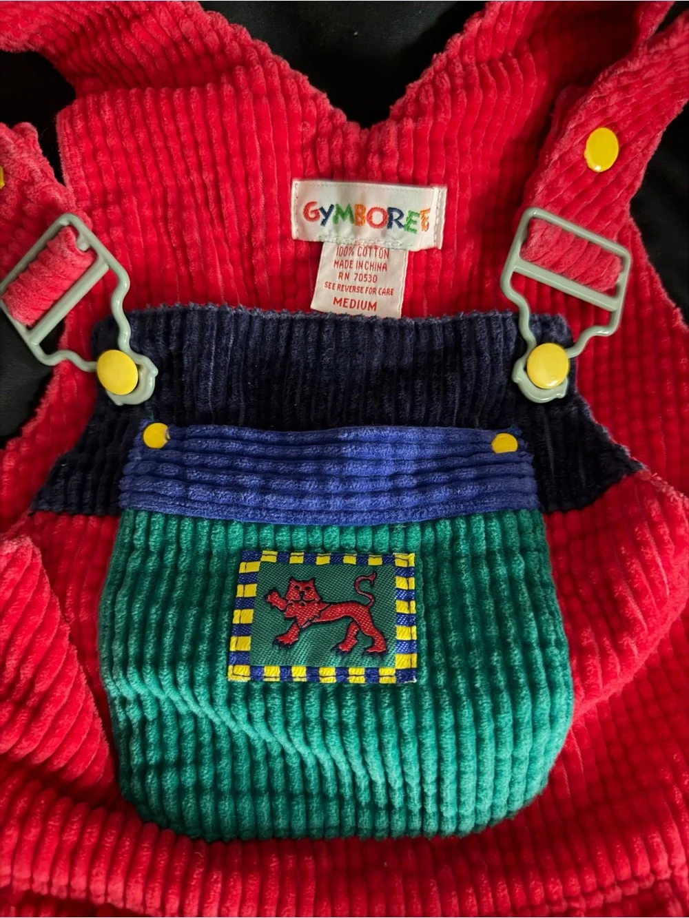Gymboree Red Corduroy Overalls with Green & Navy Patches